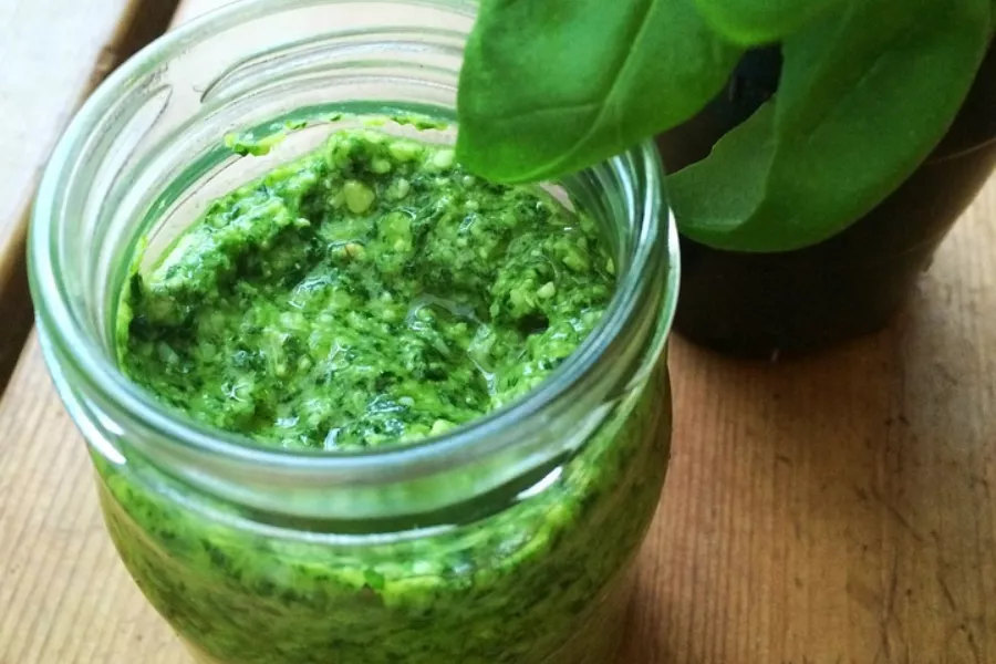 Délicieuse sauce au pesto maison avec basilic frais